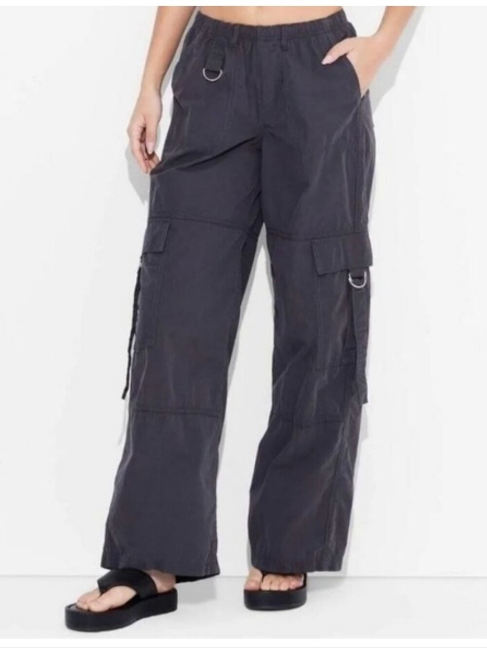 wild fable Charcoal Wide-Leg Cargo Pants with D-Ring Details